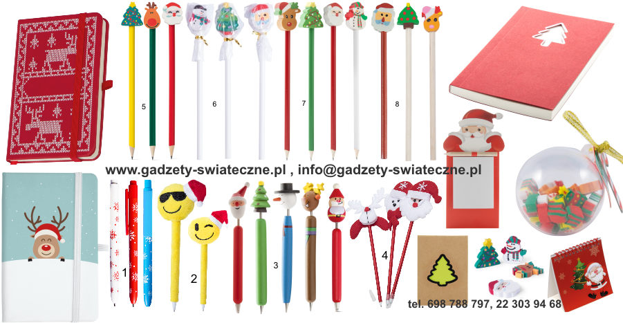 Pimienne gadety witeczne: notes, owek, gumka, dugopis